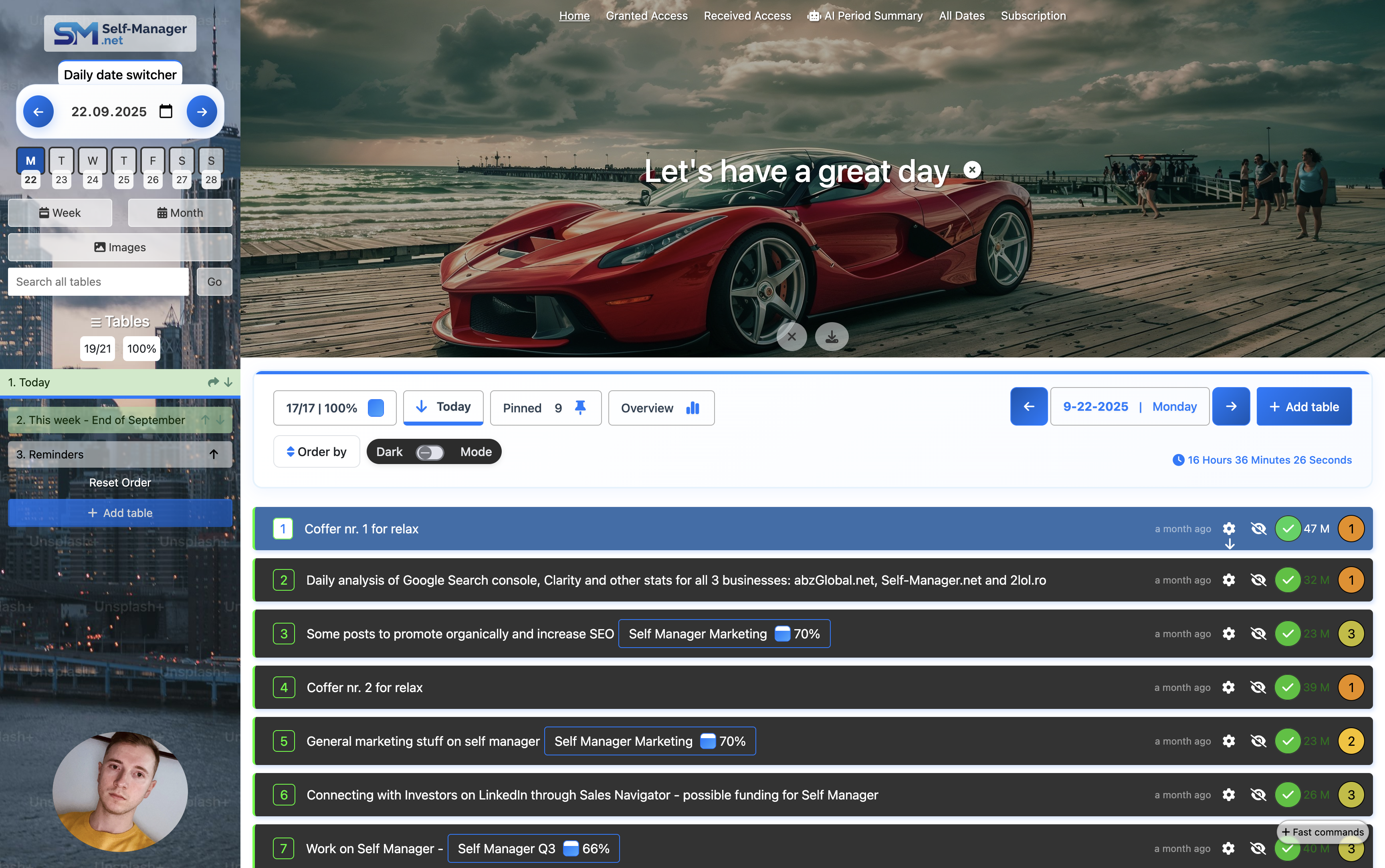 Self-Manager.net dashboard view with task management