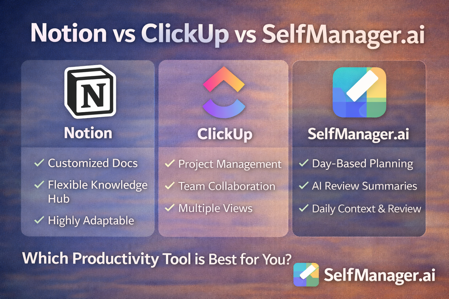 Notion vs ClickUp vs SelfManager.ai